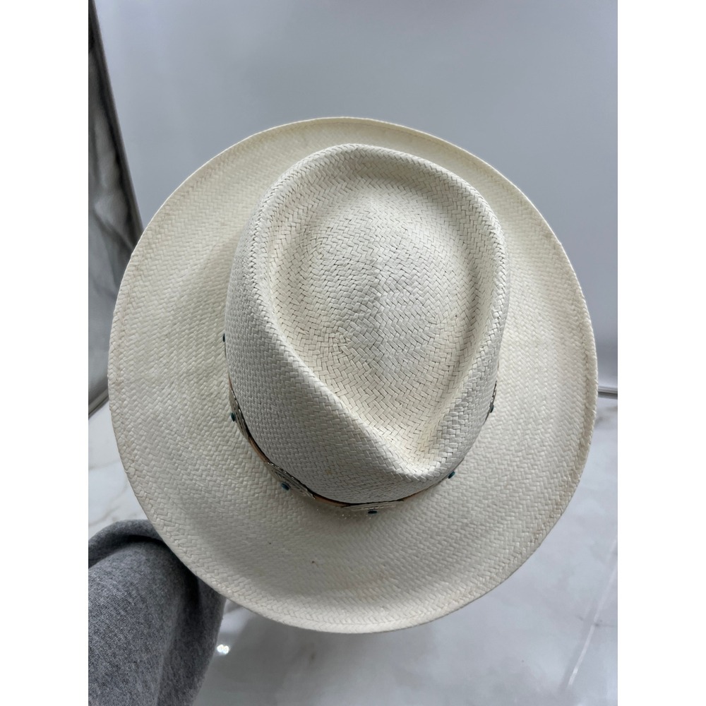 The Scala Collection White Straw Fedora Hat Western Concho Turquoise Medium USA - Picture 5 of 10